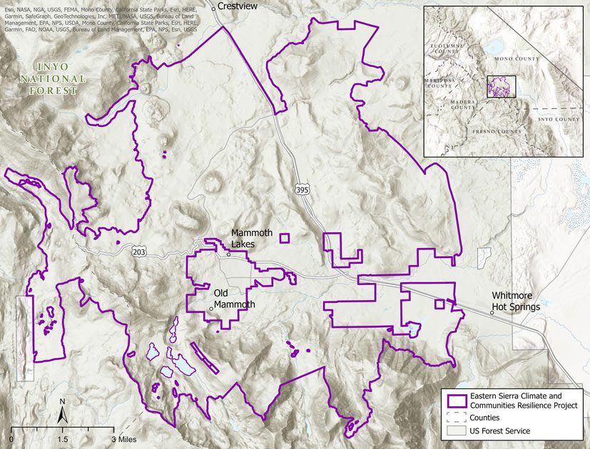 project is located within Inyo National Forests and is shaped like a donut around Old Mammoth and Mammoth Lakes