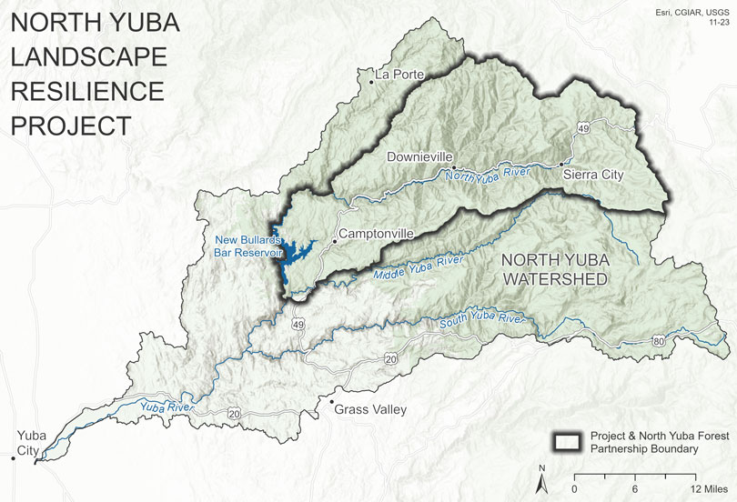 The North Yuba Forest Partnership boundary is in the northern half of the North Yuba Watershed, covering almost half of the watershed. It includes Camptonville, Downieville, Sierra City, and the North Yuba River. The partnership boundary extends through New Bullards Bar Reservoir on the west all the way to the eastern boundary of the watershed on the east. The southern boundary of the partnership is along the middle of the Yuba River. The northern boundary extends close to the northern edge of the watershed, but does not include La Porte.
