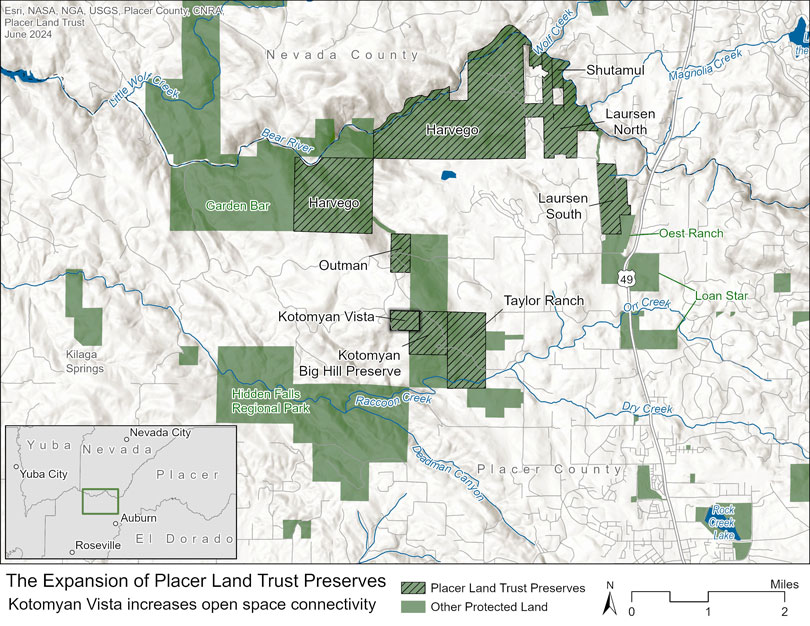 The expansion of Placer Land Trust Preserves. Kotomyan Vista increases open space connectivity northwest of Auburn.