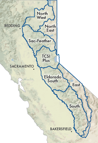 The geographies are located in the eastern portion of California, stretching from the Oregon border to just south of Bakersfield. On the west, they are bordered by Redding, Sacramento, and Bakersfield. From north to south the seven geographies are: North East, North West, Sacramento-Feather, TCSI Plus, East, Eldorado South, and South.