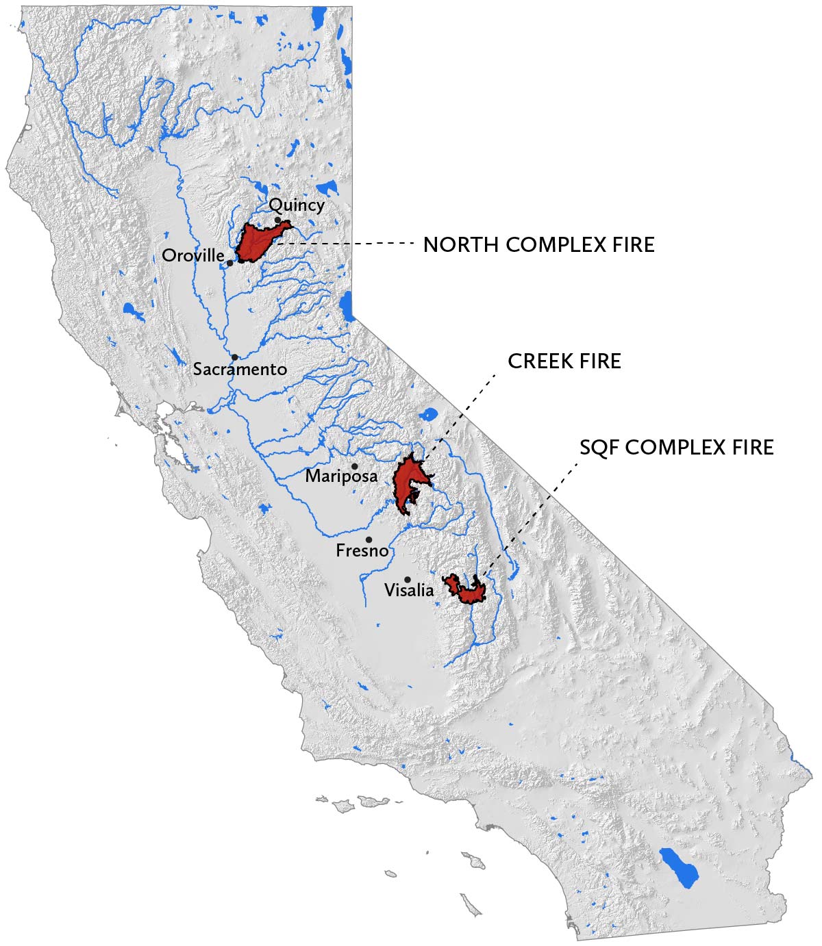 map of California showing the North Complex Fire near Oroville and Quincy, the Creek Fire northeast of Fresno, and the SQF Complex Fire east of Visalia.