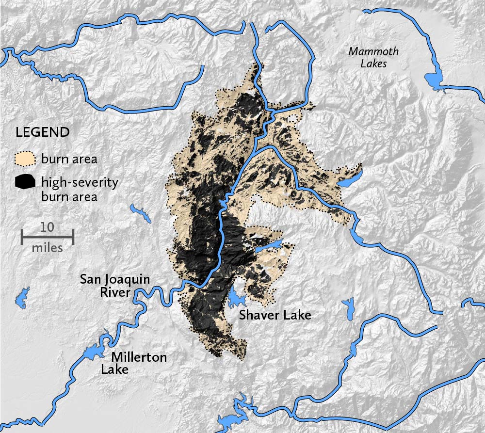 The Creek Fire burned on both sides of the San Joaquin River just east of Millerton Lake and around Shaver Lake in the southern portion of the fire. A majority of the fire burned at high severity, mostly concentrated in the center and the south.