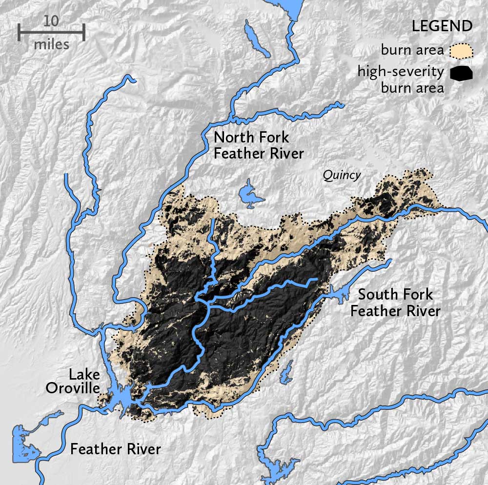 the fire burned on the east side of Lake Oroville, bordered by the north fork of the feather river to the north and west and the south fork of the feather river to the south and east. Most of the fire, concentrated in the center burned at high severity.
