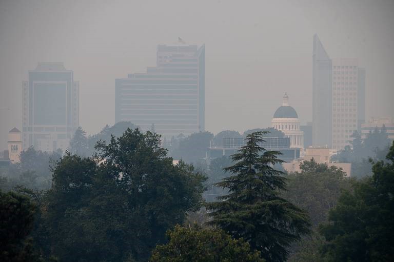 smoke-filled cityscape