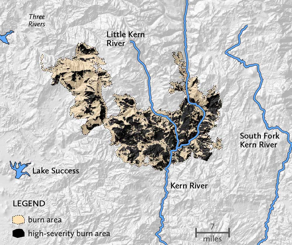 The SQF complex fire burned on both sides of the Kern River, near its headwaters. A majority of the fire burned at high severity in several large areas.