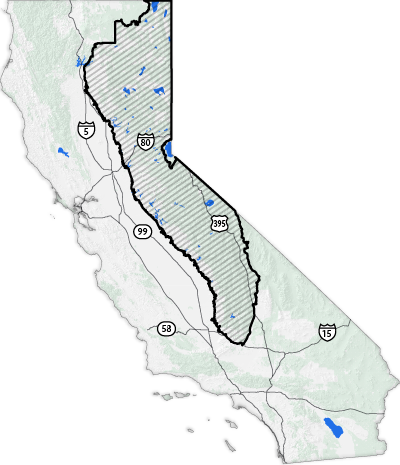 The region is located on the eastern side of the state, bordered by highway 5 and 99 to the west and 58 to the south.
