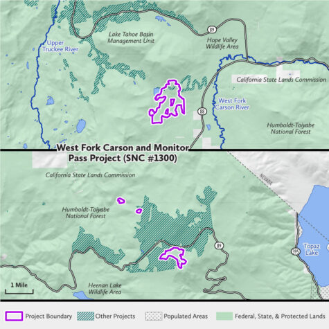 Project is in 2 locations: one near the Hope Valley Wildlife area south of highway 89 and west of highway 88. Second location near the Nevada border west of Topaz Lake and up against the southern border of highway 89.