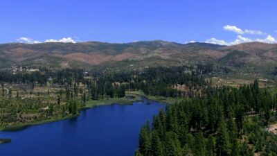 overlooking reservoir with trees surrounding it