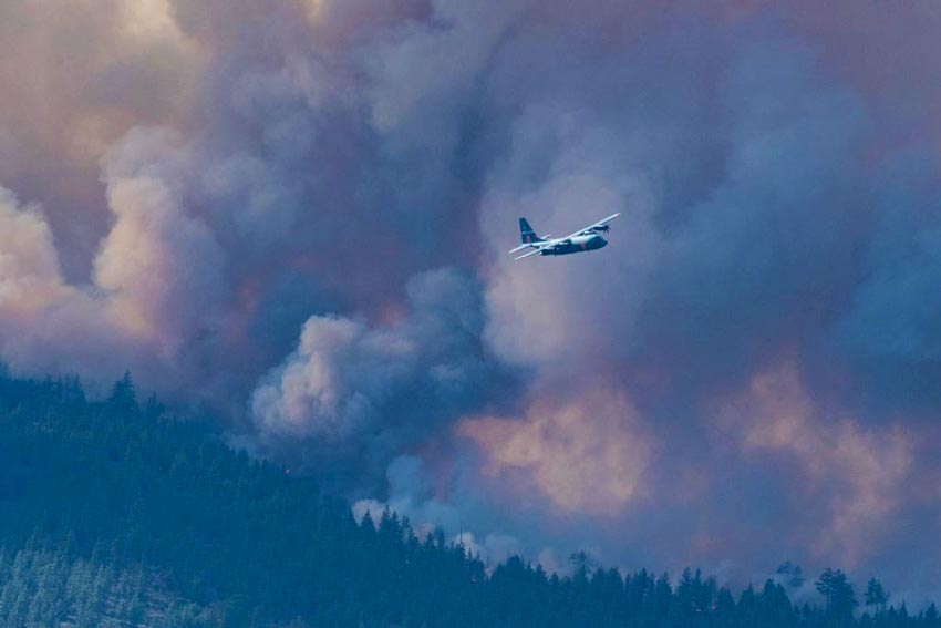 large smoke plume engulfs the sky above a forest with a small plane flying nearby