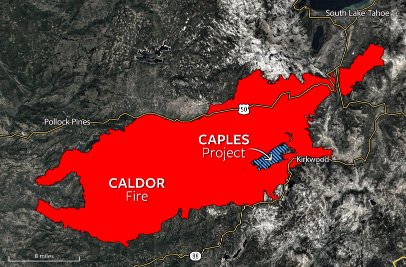 Map showing Caldor fire burn area extends along highway 50 and highway 88 bordered by Pollock Pines in the north west, south lake tahoe in the north east, and kirkwood along the south east. The Caples Project is located within the south east area of the Caldor fire and is mostly unburned.
