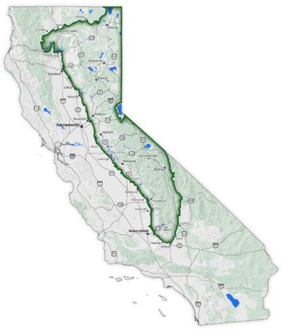 SNC boundary is on the eastern side of California against the border with Nevada. Moving counterclockwise from north to south, the boundary is bordered by: Tionesta, Weed, Callahan, Weaverville, Shasta Lake, Red Bluff, Chico, Oroville, Roseviile, Milton, La Grange, Navelencia, Elderwood, Porterville, Tehachapi, Mohave, Cantil, and Inyokern. Highways 99 and 5 are west of the boundary, except for when 5 passes between Shasta Lake and Mount shata—the boundary extends to the west. Highway 58 travels along the southern portion of the boundary. Inside the region from north to south: Alturas, Mount Shasta, Susanville, Quincy, Auburn, Jackson, Mammoth Lakes, Mariposa, Bishop, Friant, Three Rivers, and Lake Isabella. Highway 89 is in the region south of Weed. Highway 395 is in the region from the border with Oregon until just before crossing highway 178. Highway 49 is entirely in the region.