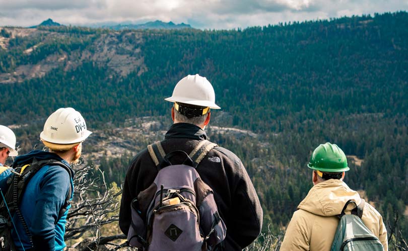 four people in hard hats look out over a forested canyon