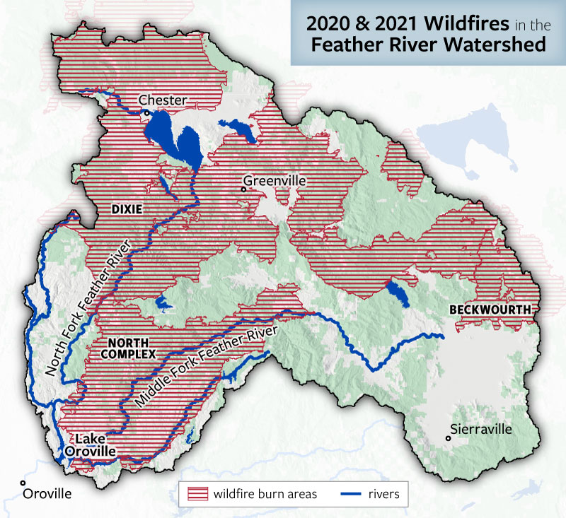 2020 and 2021 wildfires (Dixie, North Complex, and Beckwourth) cover almost half of the Feather River Watershed. Most of the North and Middle Forks of the Feather River have been burned.