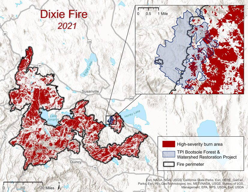 map of Dixie Fire showing much of the area burned at high severity in large chunks. Inset map shows location of Bootsole Project along eastern portion of burned area near Honey Lake. About half of the project overlaps with the burned area. Most of the project area burned was not at high severity.