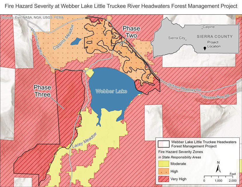 Webber Lake is surrounded by mostly high and very high fire hazard severity zones. Phase two of the project is on the north side the lake in high and very high fire hazard severity zones. Phase three is to the west and southwest of the lake in a very high fire hazard severity zone.