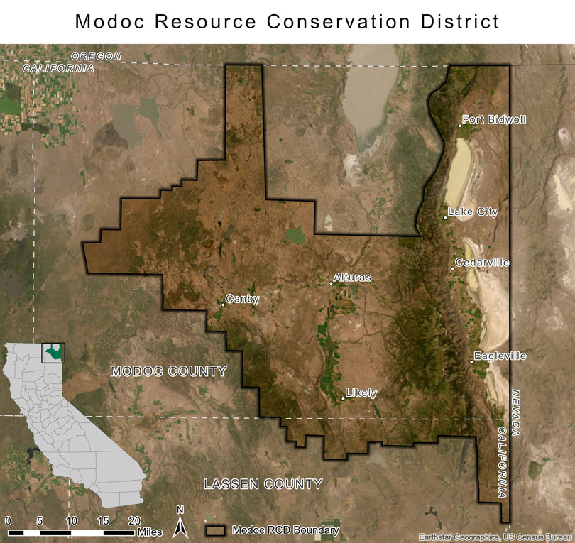 Modoc County is in the far northeast corner of California and shaped like a rectangle. Modoc RCD fills much of Modoc County, except the very west edge and parts of the northern and southern edges. It spills into the northeast edge of Lassen County, which is just to the south.