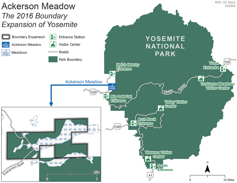 Ackerson Meadow is partially along Evergreen Road on the west side of Yosemite just north of the Big Oak Flat entrance that is off of highway 120.