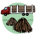 drawing of piles of woody stumps and sticks with a truck carrying several logs