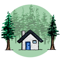 drawing of a house surrounded by green pine trees
