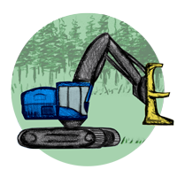 drawing of heavy machinery that has a large claw; trees are in the background