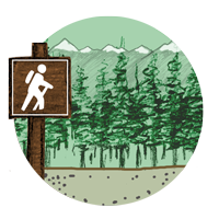 drawing of a brown hiking trail sign that stands along a path with trees and snowy mountains in the background