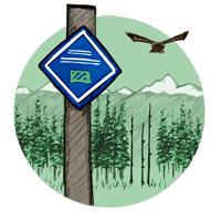 drawing of a diamond sign on a brown post with trees and mountains in the background and a bird flying overhead