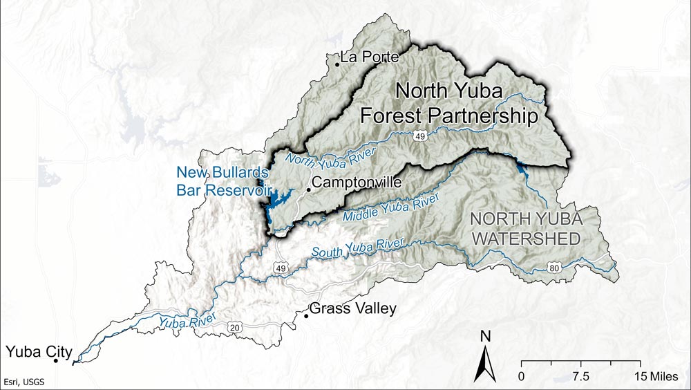 Map of North Yuba Partnership that is in the north east portion of the North Yuba Watershed, covering almost half of the watershed. The partnership area contains New Bullards Bar Reservoir on the western edge, is bordered by the Middle Yuba River to the south, and is bordered by La Porte to the north.