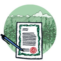 drawing of a certificate and a pen with trees and snowy mountains in the background