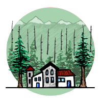 drawing of a cluster of four buildings flanked by green pine trees that is immediately backed by more green pine trees. Black, dead tree trunks extend into the background.