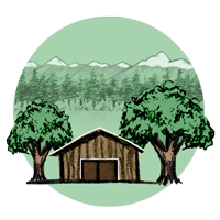 drawing of a small wooden barn or shed flanked by two oak trees with pine trees and snowy mountains in the background