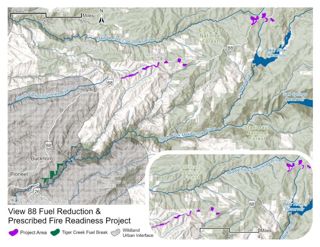 A map depicting the project area along highway 88. The towns of Pioneer and Buckhorn are located west of the project.