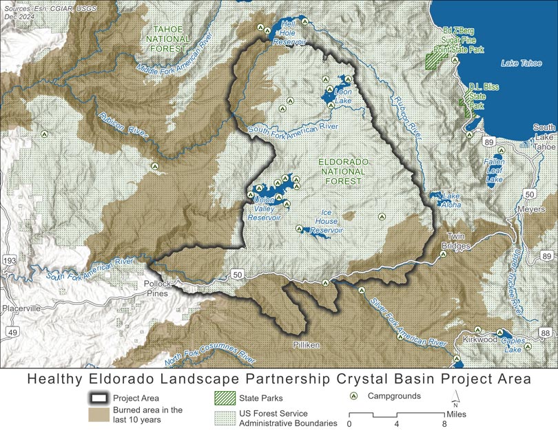 Thematic map depicting Crystal Basin project area located in Eldoraro National Forest. Burn areas from the last ten years surround the project area.