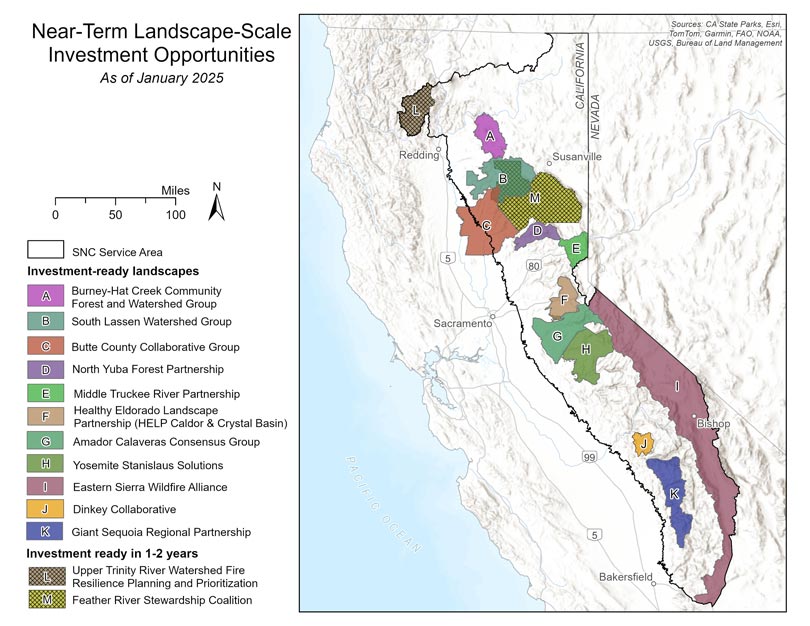 Map of near-term landscape-scale ready partnerships in the Sierra-Cascade Region.