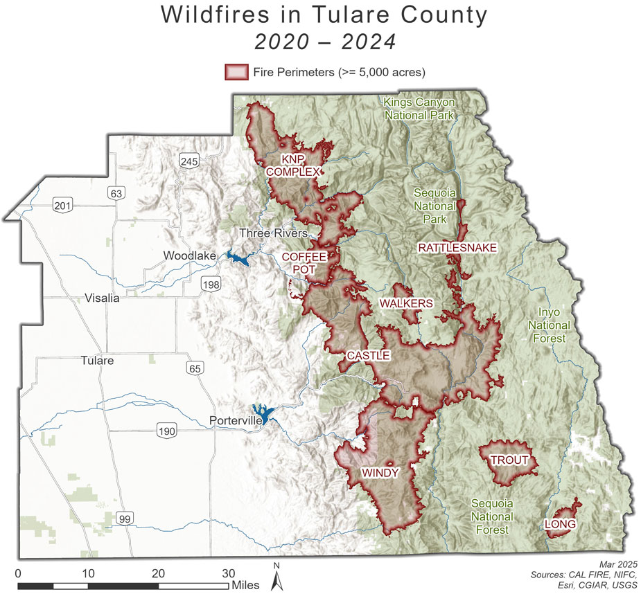 Map showing the wildfires greater than 5,000 acres in Tulare County from 2020 - 2024 (KNP Complex, Coffee Pot, Rattlesnake, Walkers, Castle, Windy, Trout, and Long fires). The right half of the county is mostly forested and most of the western side of these lands have been burned.