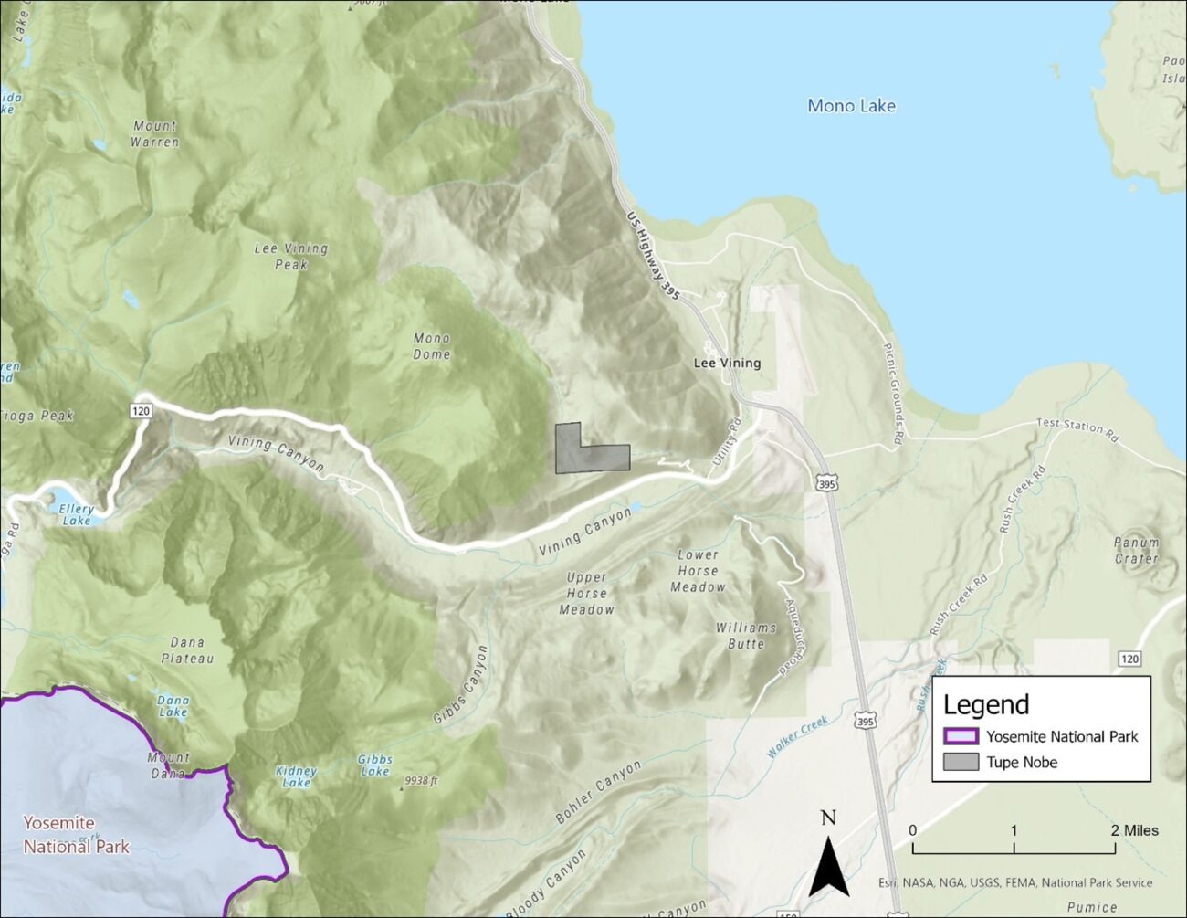 A map of the area southwest of Mono lake