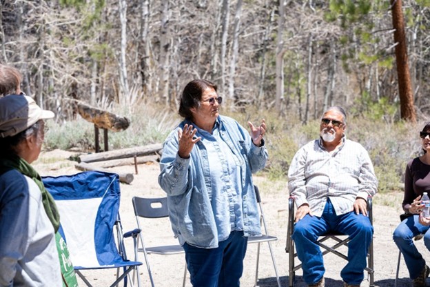 One person standing speaking to others in folding chairs, with forest in the background.