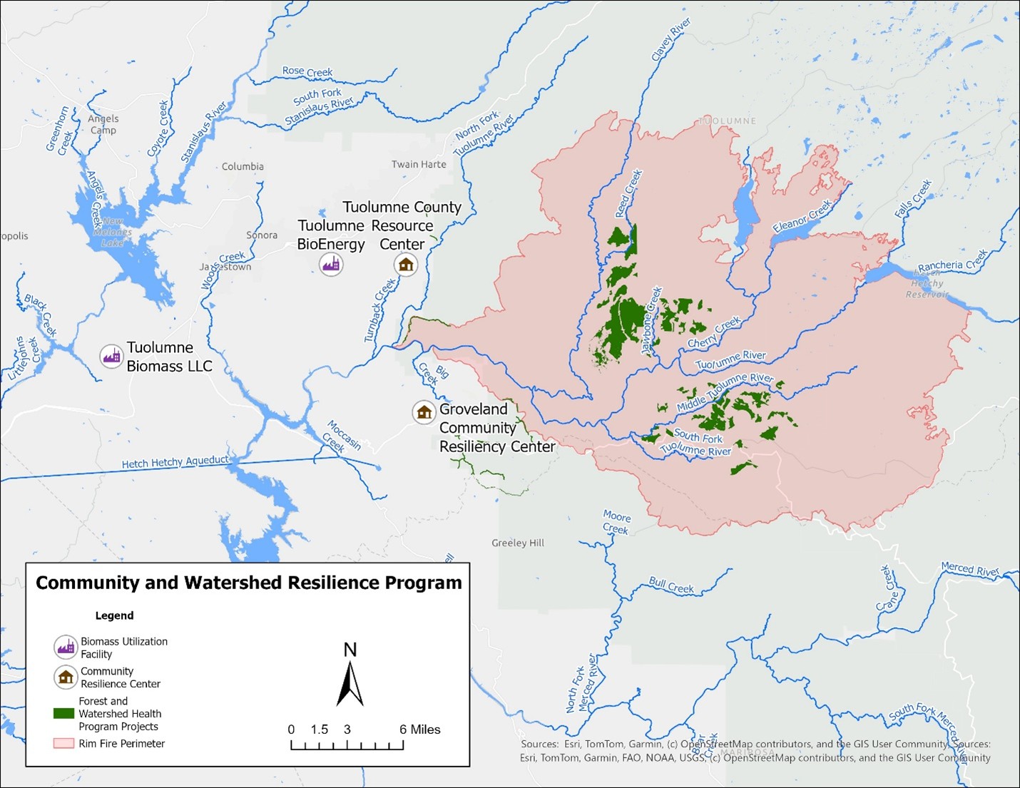 A map of California's Tuolmne region which highlights fire risk, forest projects and biomass facilities.